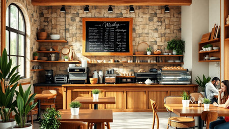 Interior of a modern cafe with wooden walls and a stone wallの写真素材