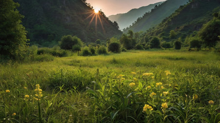 Meadow in the mountains. Sunset in the mountains. Summer landscape.の写真素材