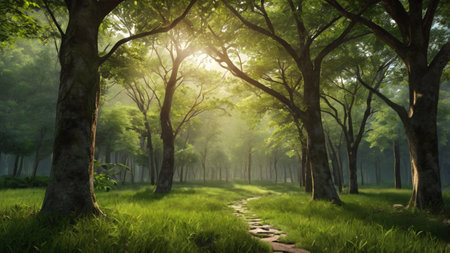 Beautiful green forest in the morning,3d rendering. Computer digital drawing.