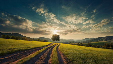 Sunset in the mountains. Summer landscape with a road and a treeの写真素材