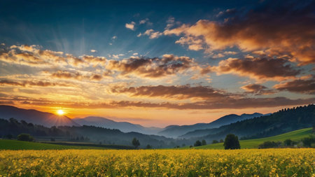 Sunset over the meadow with yellow flowers and mountains in the background