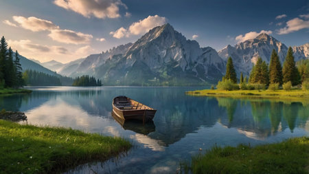 Panoramic view of the lake in Dolomites, Italy