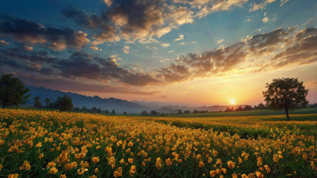 Sunset over the meadow with yellow flowers and mountains in the background
