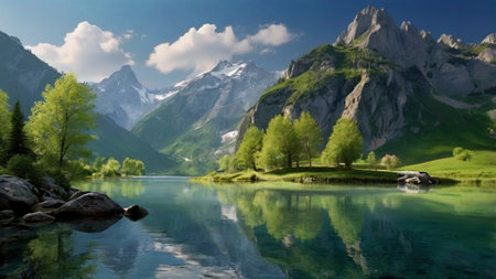 Beautiful alpine lake with reflection of mountains in the water.