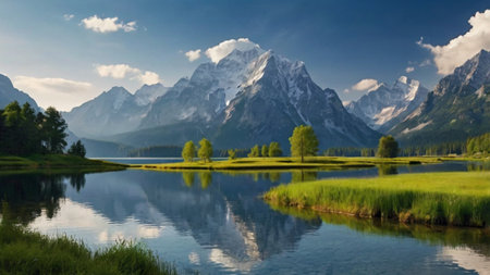 panoramic view of lake and mountainsの写真素材