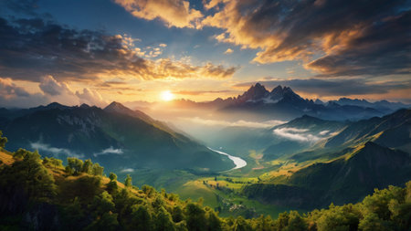 Sunrise in the mountains. Panoramic viewの写真素材