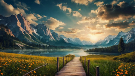 Wooden boardwalk leading to beautiful lake in Dolomites, Italy