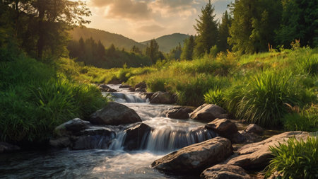 mountain river in the forest at sunset. beautiful summer landscape.の写真素材
