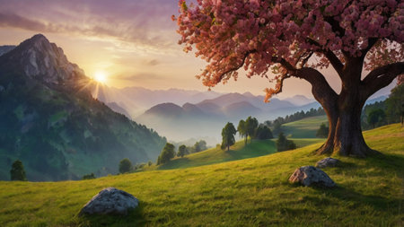 Cherry blossoms in the mountains at sunrise. Spring landscape.の写真素材