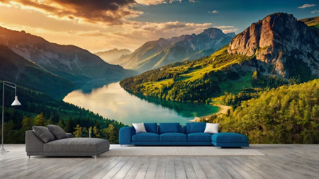 Sofa on wooden terrace in front of a mountain lake