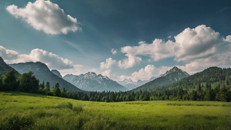 Mountain landscape with green meadow, forest and mountains under blue sky