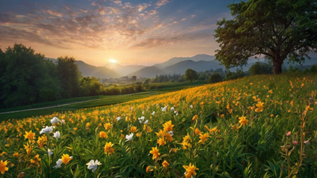 Sunset over the field of blooming daffodils in summerの写真素材