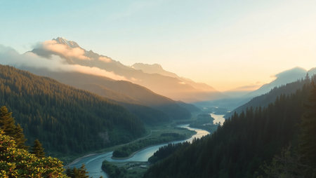 Panoramic view of the mountains and the river in the morning fog