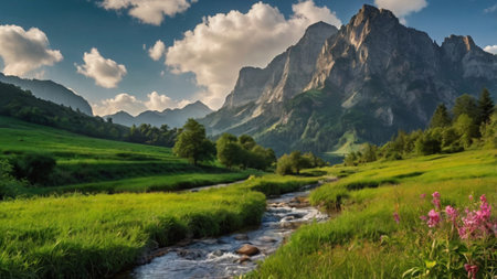 Panoramic view of a mountain river in the Dolomites