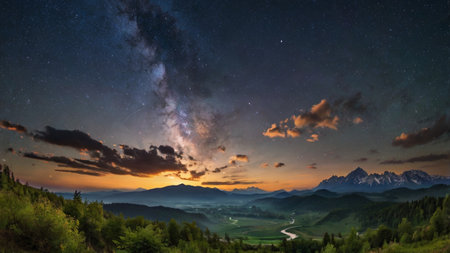 Milky way over the mountains at sunset. Starry sky.の写真素材