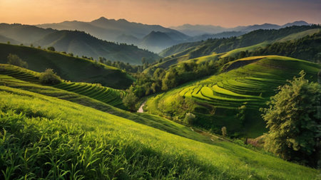 Green Terraced Rice Field in Thailand.