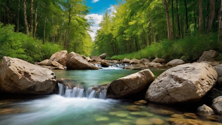Panoramic view of a small mountain river flowing through the forest.