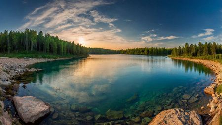 Sunset on the river in the forest. Panoramic view.