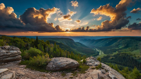 Panoramic view of the mountain valley at sunset. Beautiful summer landscape.の写真素材