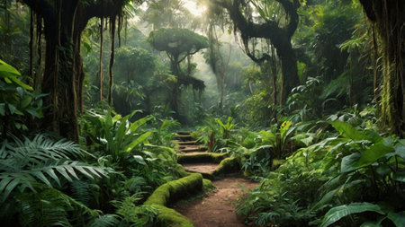 Pathway in rainforest with green ferns and trees.