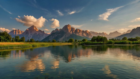 Mountains reflected in the lake at sunset, Dolomites, Italy