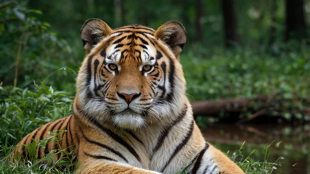 Sumatran tiger lying down in the green grass and looking at the camera