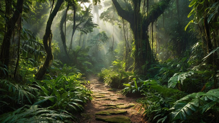 Pathway in tropical rainforest with fog in the morning, Sri Lanka