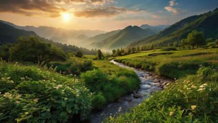 Panoramic view of the mountain river at sunset. Mountain landscapeの写真素材