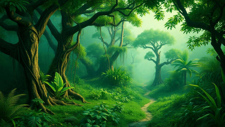 Fantasy landscape with a path in the jungle. 3d render