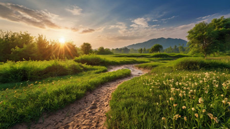 Rice field at sunset in the countryside of Chiang Mai, Thailand