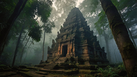 Angkor Wat temple in morning fog, Siem Reap, Cambodiaの写真素材