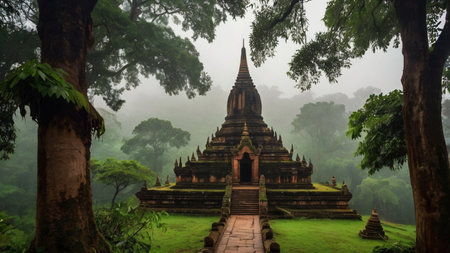Temple in the morning mist, Bali island, Indonesia