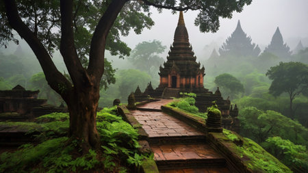 Hindu temple in the morning with fog and sunlight, Indiaの写真素材