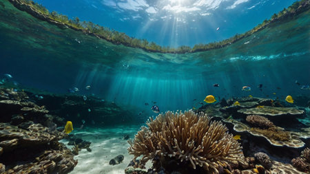 Underwater view of coral reef and tropical fish with sunbeams