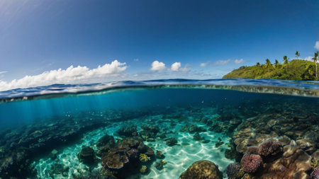 Split underwater view of coral reef and sandy beach with corals and tropical fishの写真素材