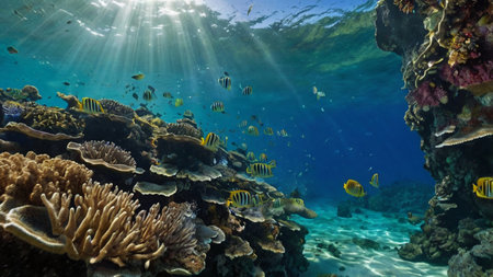 Underwater view of coral reef with tropical fish and corals.の写真素材