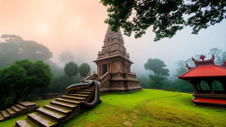 Hindu temple in the morning mist, Kandy, Sri Lankaの写真素材