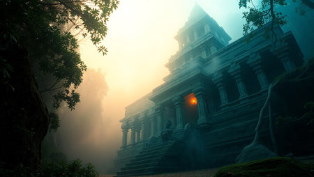 Mystical temple in the morning fog, Phuket, Thailandの写真素材