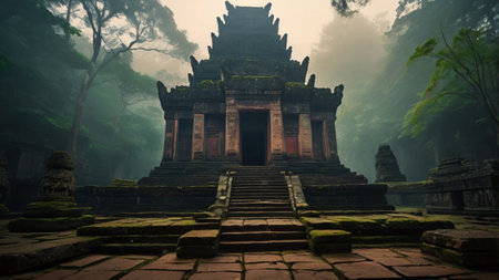 Mysterious Hindu Temple in the fog, Bali, Indonesiaの写真素材