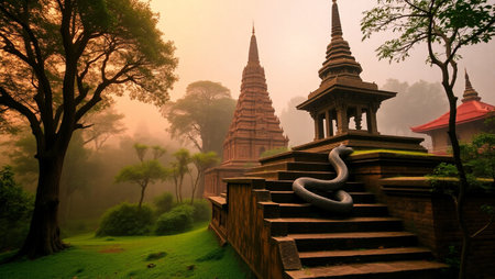 Temple in the morning mist at Wat Phra That Doi Suthep, Chiang Mai, Thailand