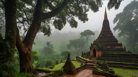 Panoramic view of the ancient pagoda in Bagan, Myanmarの写真素材