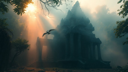 Mystical temple in the morning fog. 3d rendering