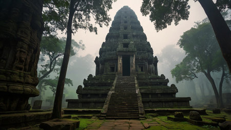 Angkor Wat temple in morning fog, Siem Reap, Cambodiaの写真素材