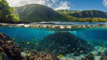 Underwater view of coral reef and tropical fish at Seychellesの写真素材