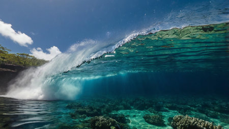 Underwater view of a tropical waterfall.の写真素材