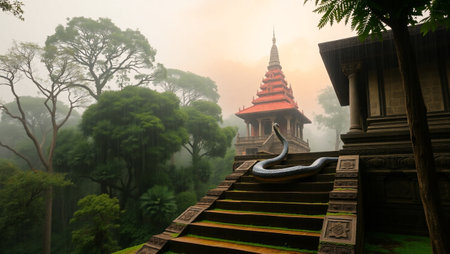 Ancient pagoda in the forest with mist at Wat Phra That Doi Suthep, Chiang Mai, Thailand