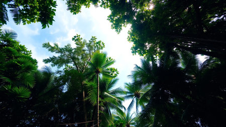 coconut tree view from the bottom to the sky in the jungle