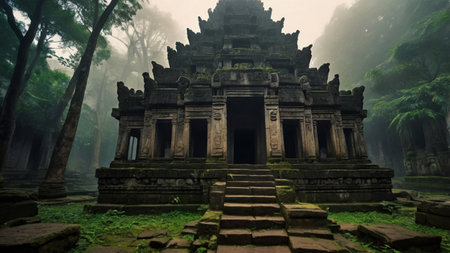 Borobudur Temple in the morning fog, Java, Indonesiaの写真素材