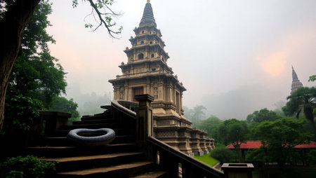 Buddhist temple in the morning, Kandy, Sri Lankaの写真素材
