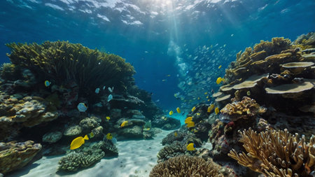 Underwater view of tropical coral reef with fishes and corals.